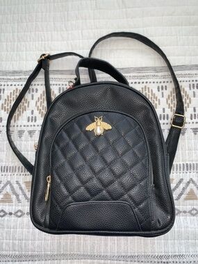 Quilted Black Faux Leather Backpack with Gold Bee Accent